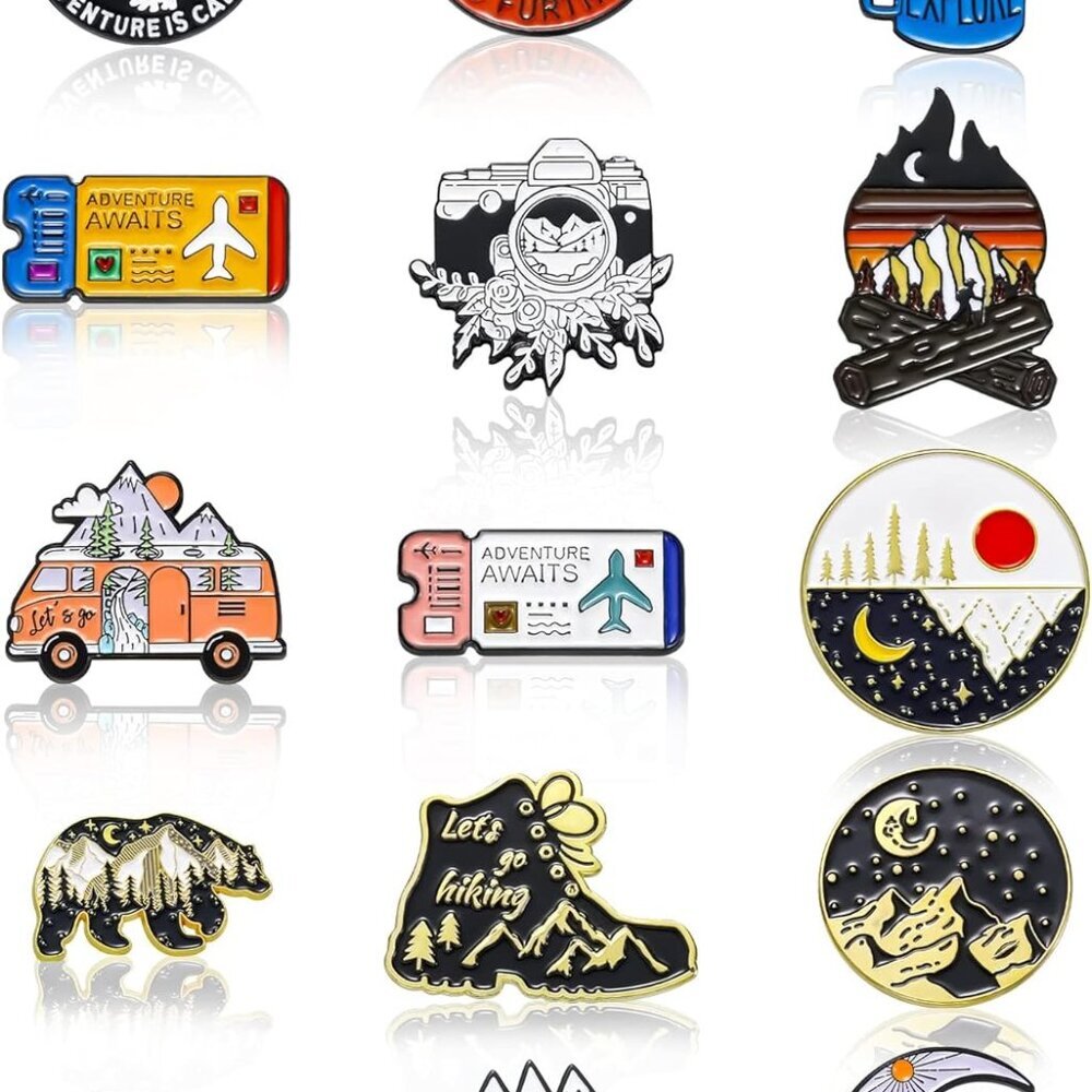 15 Pcs Enamel Pins for Backpack Hat Outdoors Adventure Brooch Pins Cute Camping